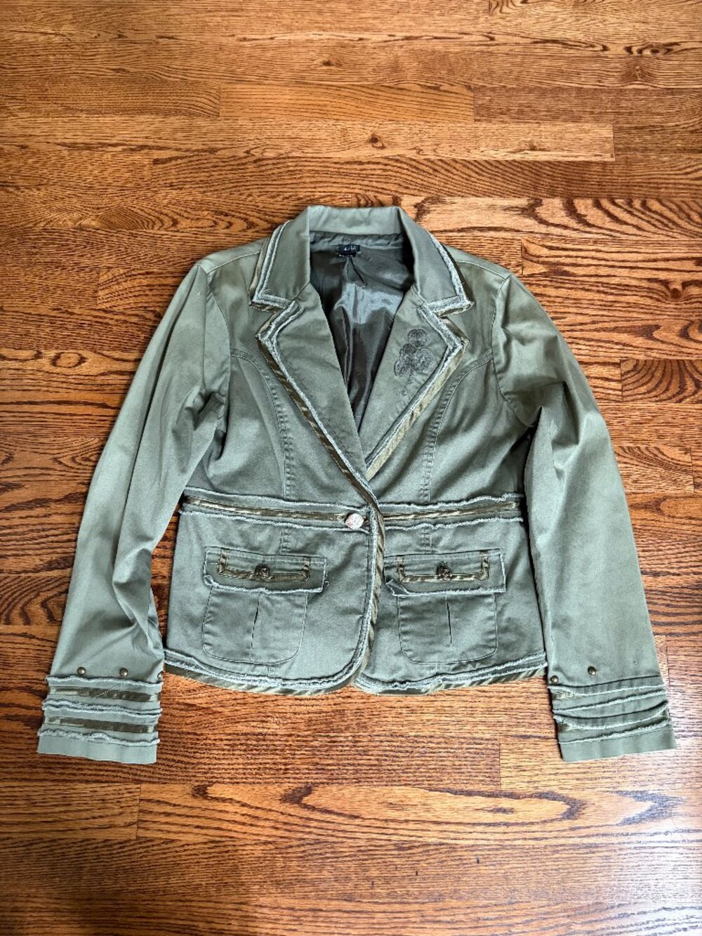 Women’s Aziz Green Embroidered Military Jacket Lined Button Front Pockets Large